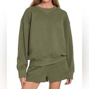 NWT Zenana Fleece Matching Long Sleeve Sweatshirt Shorts Lounge Set Olive Green